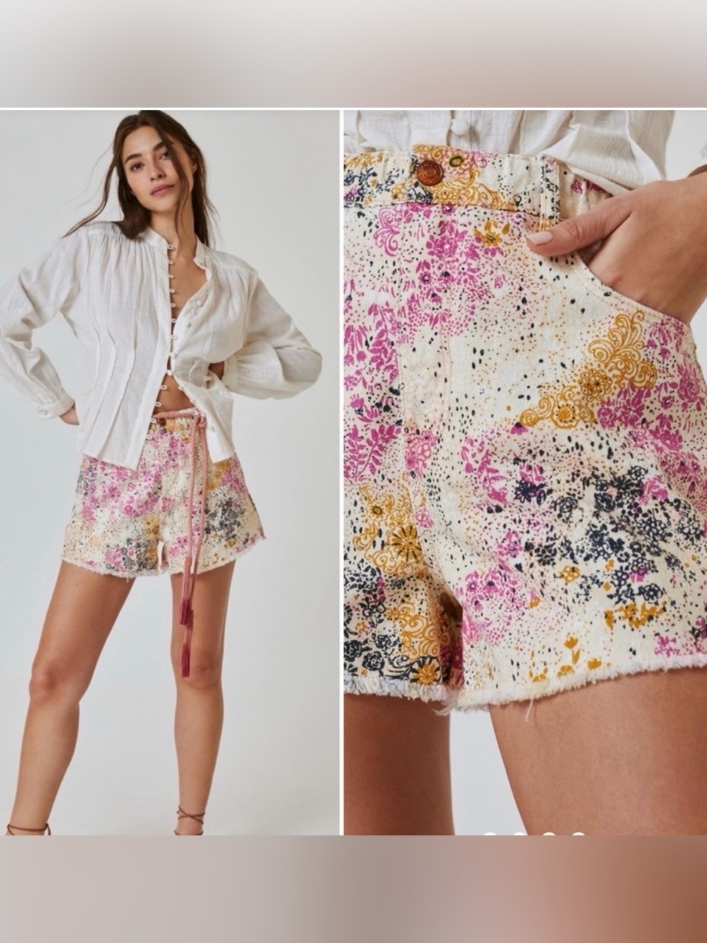 Anthropologie Pilcro NWT Cream Floral Jean Shorts with Pink & Gold Scrunched